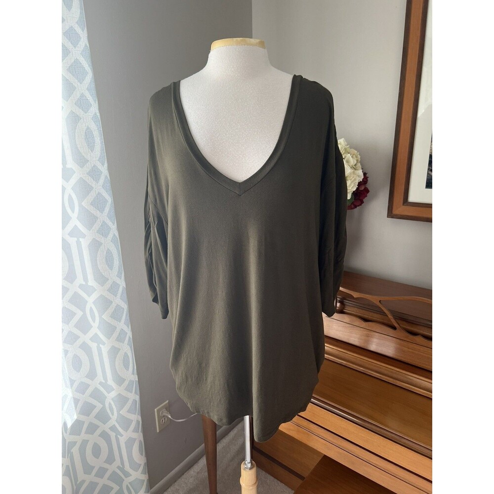 RALPH LAUREN BLACK LABEL Tunic Top, V-Neck, Army Green, Ruched Sleeve, Large